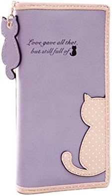 XMLiZhiGu Women's Girls New Fashion Cute PU leather Polka Dot Cat Student Wallet Coin Purse Handbag Money Pocket Mini Card Pack Purple