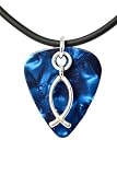 Guitar Pick Necklace with Christian Fish Charm on Blue Guitar Pick Unique Design By Atlantic Seaboard Trading Co.