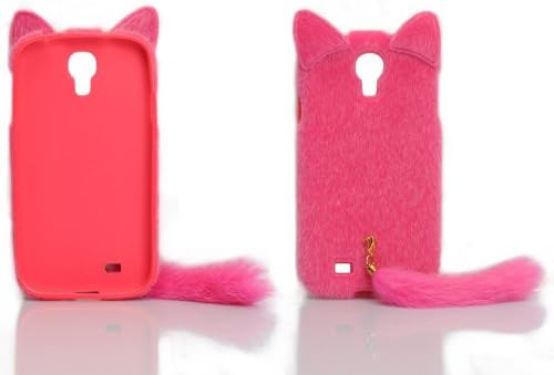DE New Fashion Cartoon Animal Series Hot Pink With Fluffy Plush Tail Fur Ear Cat Style Plush + TPU Soft Case Cover Shell Compatible for Samsung Galaxy S4 IV i9500