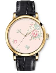 SPRAWL Aanalog Fashion Series Gold Ladies Watches of Genuine Black Leather Strap,Unique Wrist Watch for Women Girls Designed with Floral Pattern