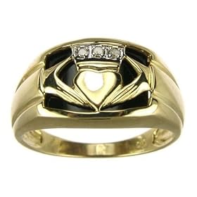 9ct Yellow Gold Gents Onyx and Diamond Set Celtic Claddagh Ring Size R