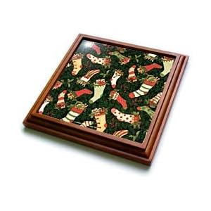 Colorful Christmas Stockings on Green - 8x8 Trivet With 6x6 Ceramic Tile by