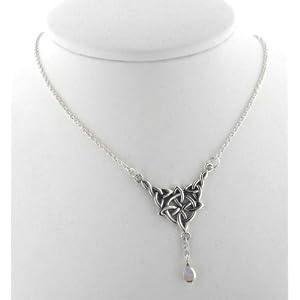 1Sterling Silver Celtic Knot Four Point North Star with Genuine Rainbow Moonstone Drop 17 Adjustable Necklace