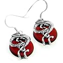 Sterling Silver Coiled Dragon on Bright Scarlet Blood Red Glass Hook Earrings