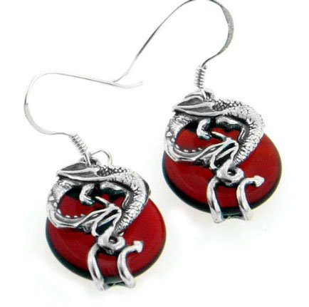 Sterling Silver Coiled Dragon on Bright Scarlet Blood Red Glass Hook Earrings