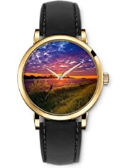 SPRAWL Aanalog Fashion Series Gold Ladies Watches of Genuine Black Leather Strap,Unique Wrist Watch for Women Girls Designed with Sunset in the field