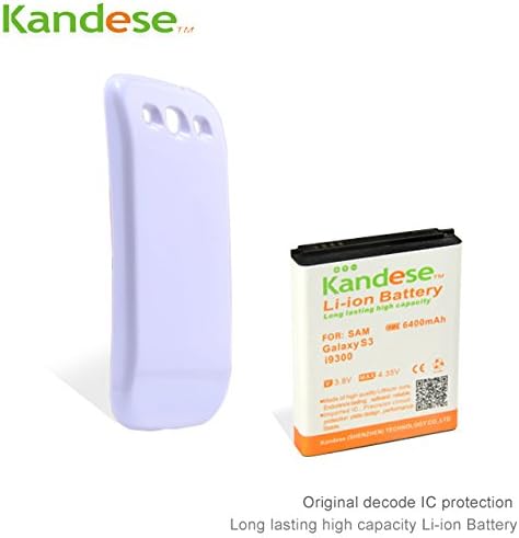 Kandese Extended Large Capacity 6400mAh Lithium Battery Replacement for phone Samsung Galaxy S3 I9300 with back cover (WHITE)