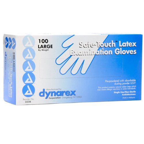 Safe-Touch Latex Exam Glove, Large powdered, 100/bx, Dynarex 2328