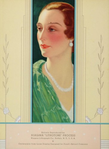1934 Art Deco Color Print Woman Pearls Portrait Ponds - Original Print