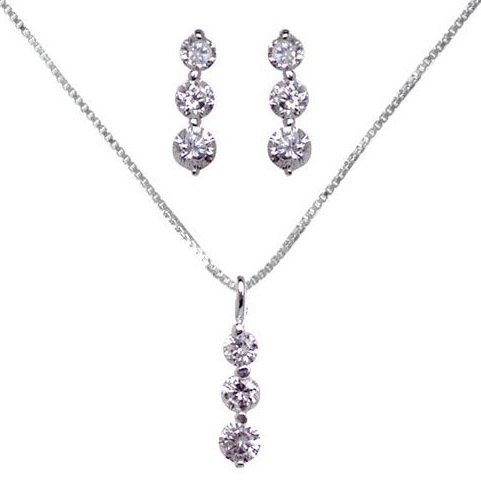 Sterling Silver Round Three Stone Style White CZ Earrings and 16in   18in Adjustable Necklace Set
