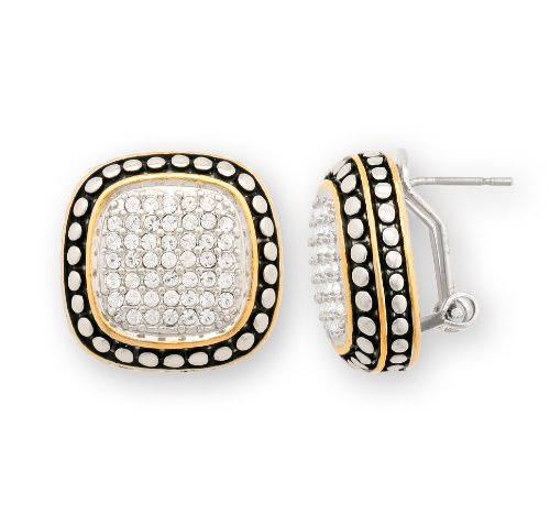 JanKuo Jewelry Two Tone Gold and Silver Antique Style French Clip Earrings with Crystal Pave Setting Ship in Gift Box