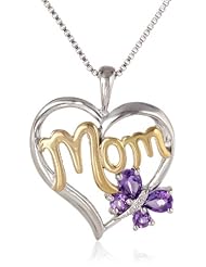 XPY Sterling Silver and 14k Gold Gemstone with Diamond-Accent Butterfly Mom Heart Pendant Necklace, 18"