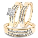 1 CT. T.W. Round, Princess Cut Diamond Wedding Band Set 14K Yellow Gold Three Ring - Ladies Engagement Ring, Wedding Band & Mens Wedding Band - Free Gift Box -