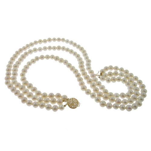 14k Yellow Gold 7-8mm Natural White Freshwater Cultured Pearl Triple Strand Necklace, 18\