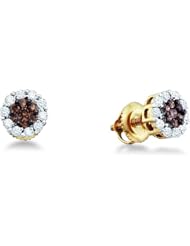 14k Yellow Gold Brown Chocolate and White Round Diamond Stud Earrings - 7mm Height * 7mm Width (1/2 cttw)