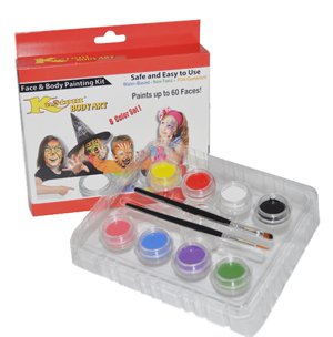 Kustom Body Art Rainbow Face Paint Set 8 Color Boxed Set, 3 Ml Each, 2 Makeup Brushes, a Full 8 Color Rainbow Pallet, Perfect for Face Painting At Any Children's Party.