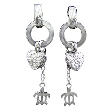 925 Silver Heart & Turtle Dangle Earrings Hawaiian Jewelry