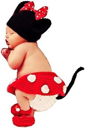 4pcs Set Baby Girl Crochet Minnie Mouse Diaper Cover Skirt Shoes Outfit Costume 0-2 Months