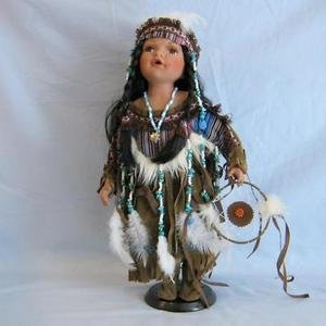 dream of dolls:Tadi Cathay Porcelain Indian Doll w Dream Catcher