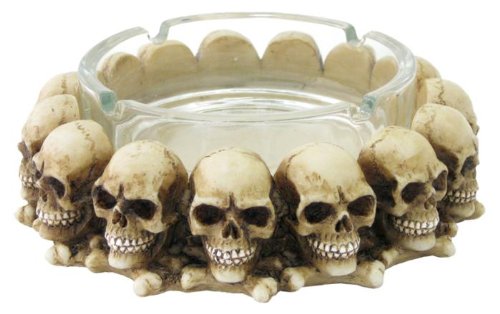 See 6 Long Decorative Goth Glass and Bone Look Round Skull Ashtray