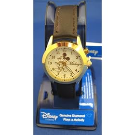Disney Mickey Mouse Watch Gold Face with Dark Brown Band