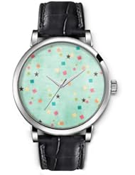SPRAWL Aanalog Fashion Series Silver Ladies Watches of Genuine Black Leather Strap,Unique Wrist Watch for Women Girls Designed with Stars and colored squares