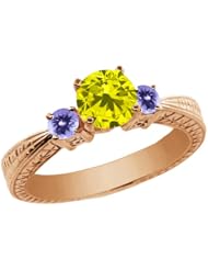 1.04 Ct Round Canary Diamond Blue Tanzanite 14K Rose Gold 3-Stone Ring