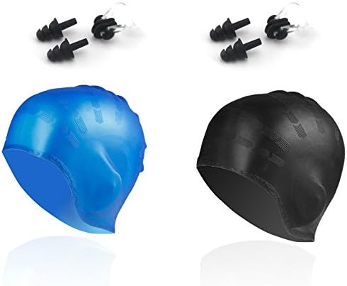 Swim Cap for Long Hair from Ninjetics, with 2-Pieces Nose Clips and 2-Pieces Earplugs. 2-Pack, Durable Silicone for Elasticity, Comes in Blue and Black. For Men and Women. Swim With Yours Now!