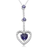 10k White Gold Heart-Shaped Created Ceylon Sapphire & Round Created Ceylon Sapphire w/ Diamonds Heart Pendant, 18
