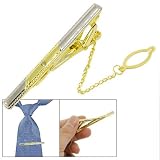Rosallini Men Two Tone Carving Stripe Print Necktie Clip w Chain