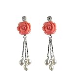 Red Coral Rose Cultured Pearl Droplet Dangle Earrings