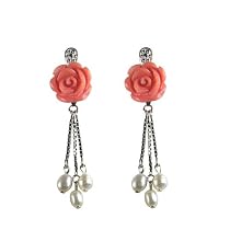 Red Coral Rose Cultured Pearl Droplet Platinum Overlay CAREFREE Sterling Silver Dangle Earrings