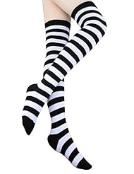 Apparel: Womens Striped Socks Over the Knee Cotton Long Tube Stockings Thigh High Long Boot Socks (One Size, White)