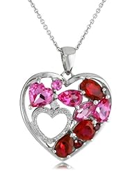 Sterling Silver Created Ruby, Created Pink Sapphire and Created White Sapphire Double Heart Diamond Pendant Necklace, 18