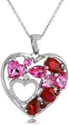 Sterling Silver Created Ruby and Created Pink Sapphire Double Heart Diamond Pendant Necklace, 18"