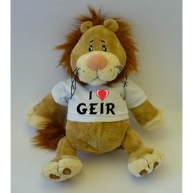 Lion plush toy (Sighin' Lion) with I Love Geir t-shirt