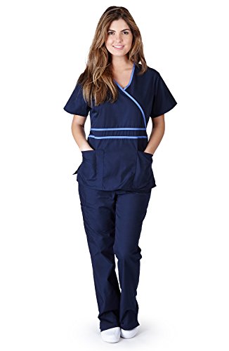 Natural Uniforms Women's Contrast Mock Wrap Scrub Set (Navy Blue) (Large)