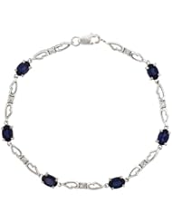 10k White Gold Double Fancy Heart Tennis Bracelet w/ 0.05 Carat Brilliant Cut Diamonds & 3.0 Carats Oval Cut Created Blue Sapphire Stones, 3/16 in. (4.5mm) wide