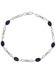 10k White Gold Double Fancy Heart Tennis Bracelet w/ 0.05 Carat Brilliant Cut Diamonds & 3.0 Carats Oval Cut Created Blue Sapphire Stones, 3/16 in. (4.5mm) wide