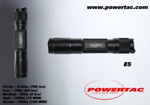  PowerTac E5 LED Flashlight with CREE XM-L LED 700 Lumens-Uses 2 by CR123A or 1 by 18650 