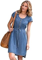 Plus Size Denim Cap Sleeves Short Sleeves Scoop Neck Slit Pleated Empire   Waistline  Dress