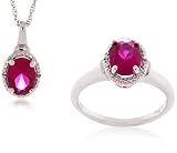 Sterling Silver Created Ruby and Diamond Ring and Pendant Set (0.012cttw, I-J Color, I2-I3 Clarity), 18"