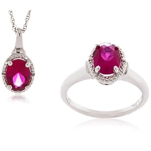 Sterling Silver Created Ruby and Diamond Ring and Pendant Set (0.012cttw, I-J Color, I2-I3 Clarity), 18