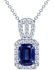 14K White Gold Cushion Cut Blue Sapphire And Round Diamond Pendant (GIA Certificate)