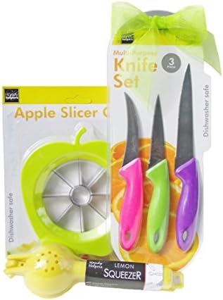 Color Coded Cutlery and Juice Extracter Set - Multi Purpose 3 Piece Colorful Knife Set, Apple Slicer Corer, Lemon or Lime Hand Held Juicer, Including a Gift Bow