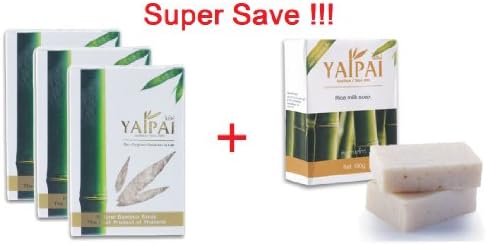 Yaipai : Original Bamboo Facial Scrubber Natural Bamboo Scrub 3 Pcs. + Rice Milk Soap 100 g. 3 Bars The Best Product of Thailand