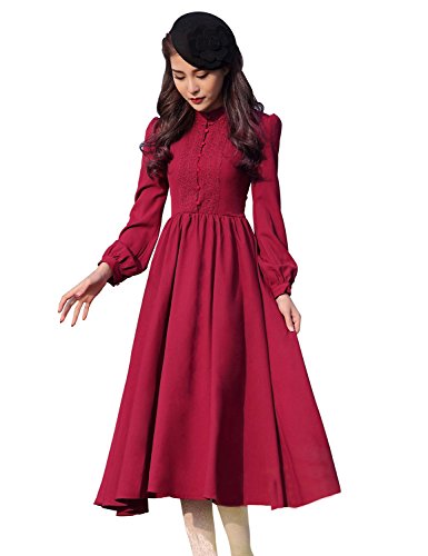 Relaxfeel 赤色　クラシック　スタンドカラー　長袖　ロングワンピース　スイート　上品