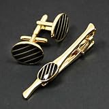FashionOn Designer Formal Contemporary Oval Black Gold Tie Bar and Cuff Links Set with Presentation Box