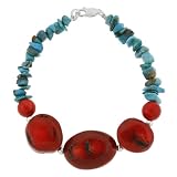 Turquoise and Coral Nugget Bracelet w/ Sterling Silver Beads, 7.5"