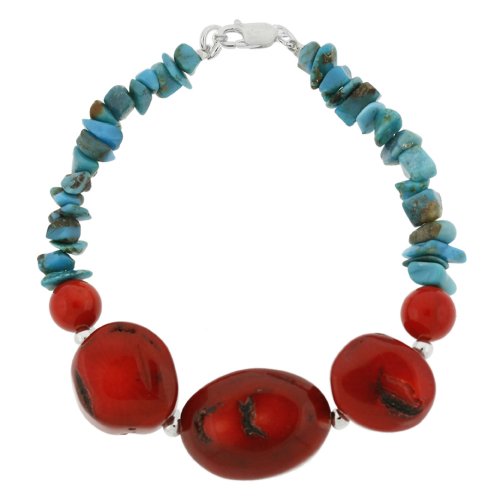 Turquoise and Coral Nugget Bracelet w/ Sterling Silver Beads, 7.5″